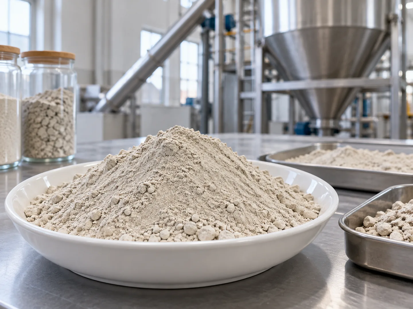 AI-generated industrial application concept with mineral powder and processing equipment
