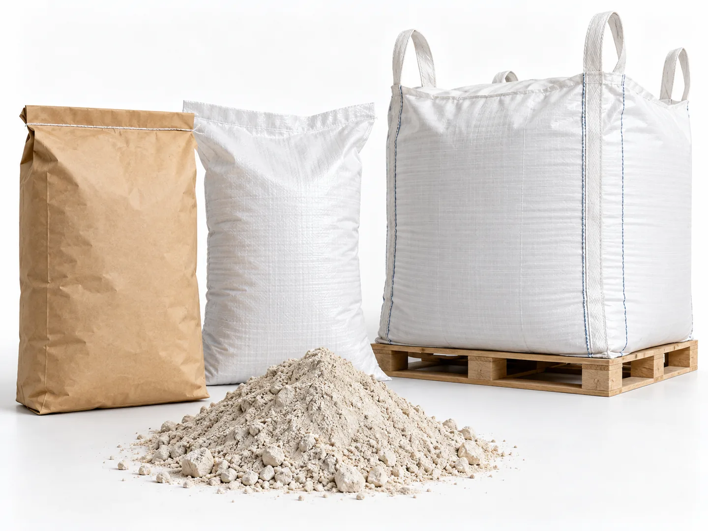 AI-generated packaging concept with paper and woven bags beside mineral powder
